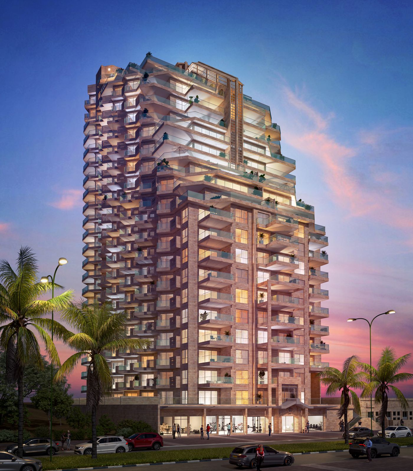 הדמיית מגדל Feriron Elite בשעת שקיעה