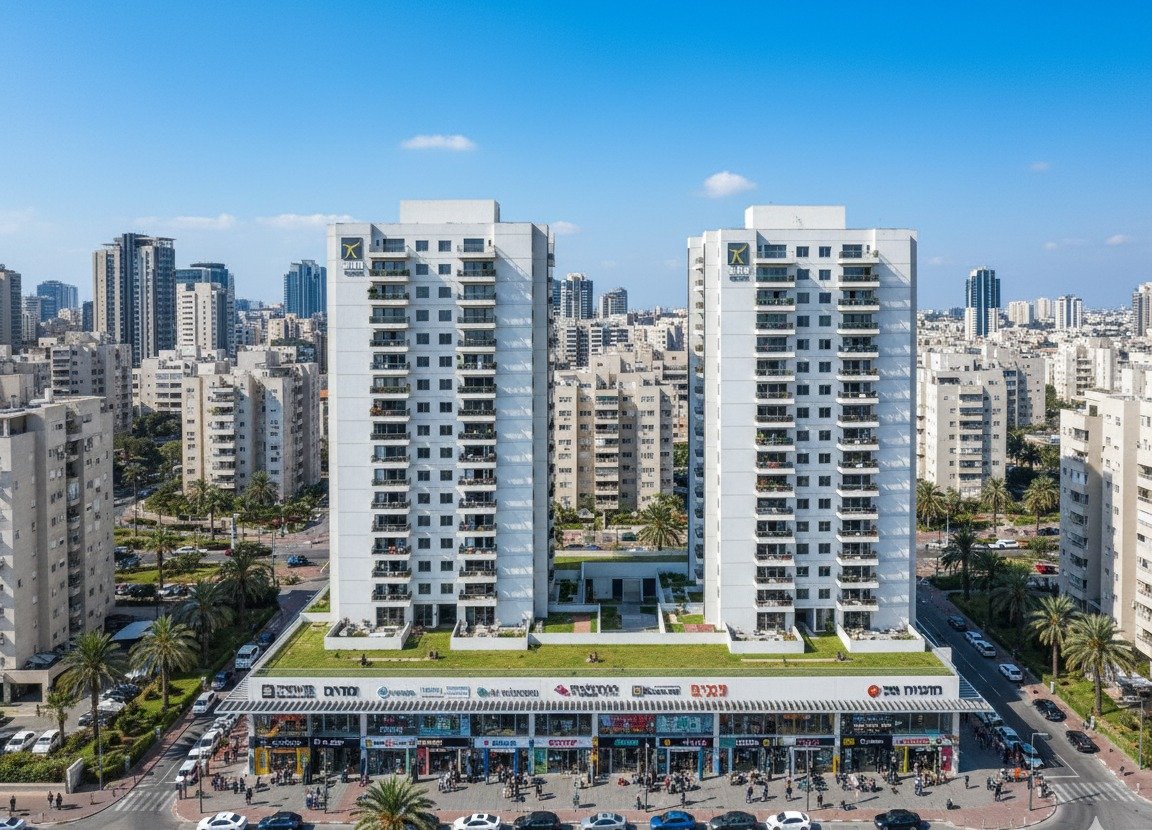 הדמיה במבט מלמעלה של שני בנייני #139 מעל קומת המסחר